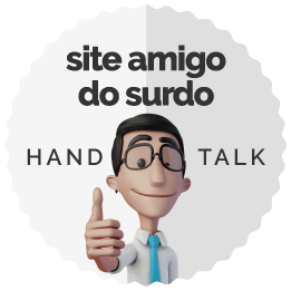 Hugo faz o sinal de positivo. Ao seu redor, o texto: Site amigo do surdo, acessível em Libras